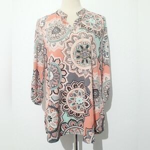 Zattcas Women Tunic Top Large Multicolor Boho Mandala Print 3/4 Roll Tab Sleeve